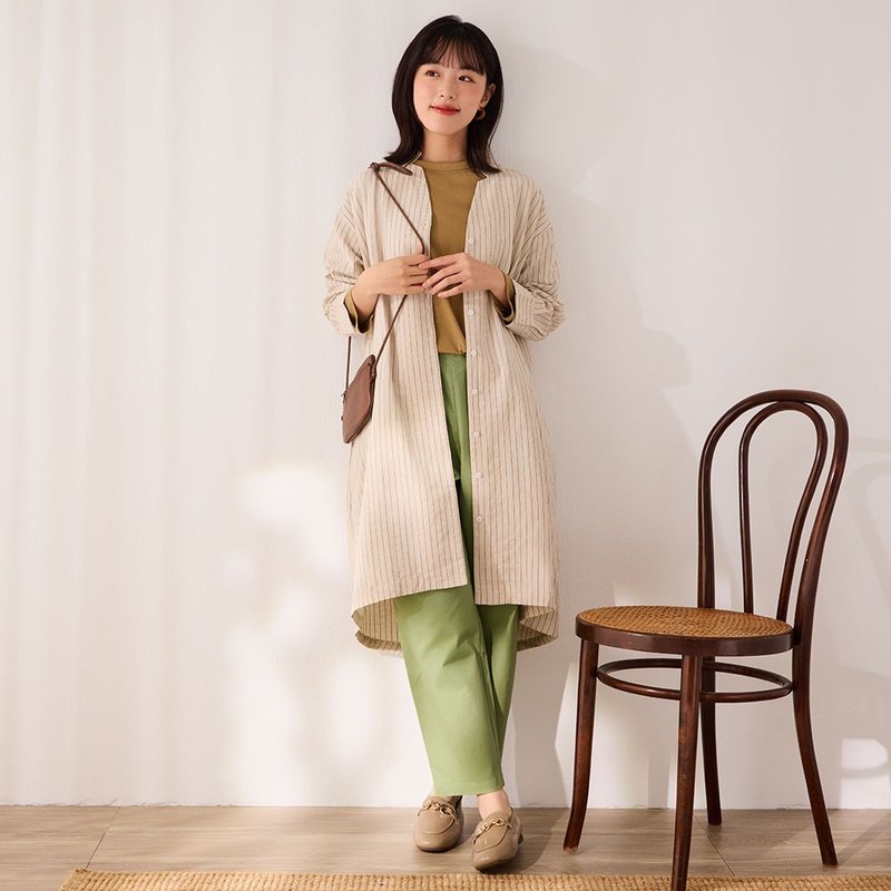 自然系棉麻直條襯衫式洋裝-共2色 - 睡衣/居家服 - 棉．麻 多色