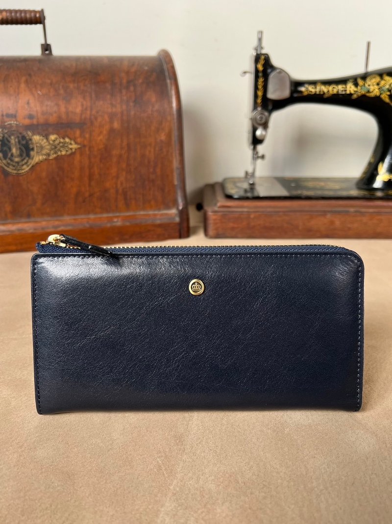 Italian vegetable tanned leather L-shaped zipper long clip-night blue - Wallets - Genuine Leather 