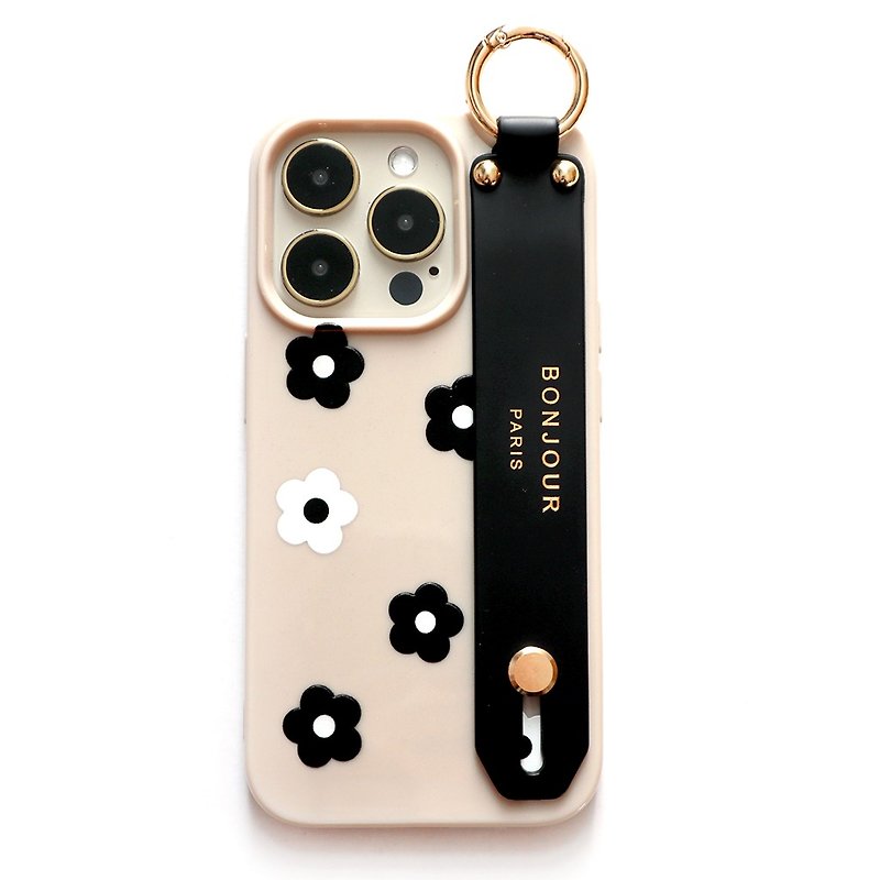 iPhone15/14/13/12 首爾冬季系列-法式膚色黑白小花手帶手機殼 - 手機殼/手機套 - 塑膠 卡其色