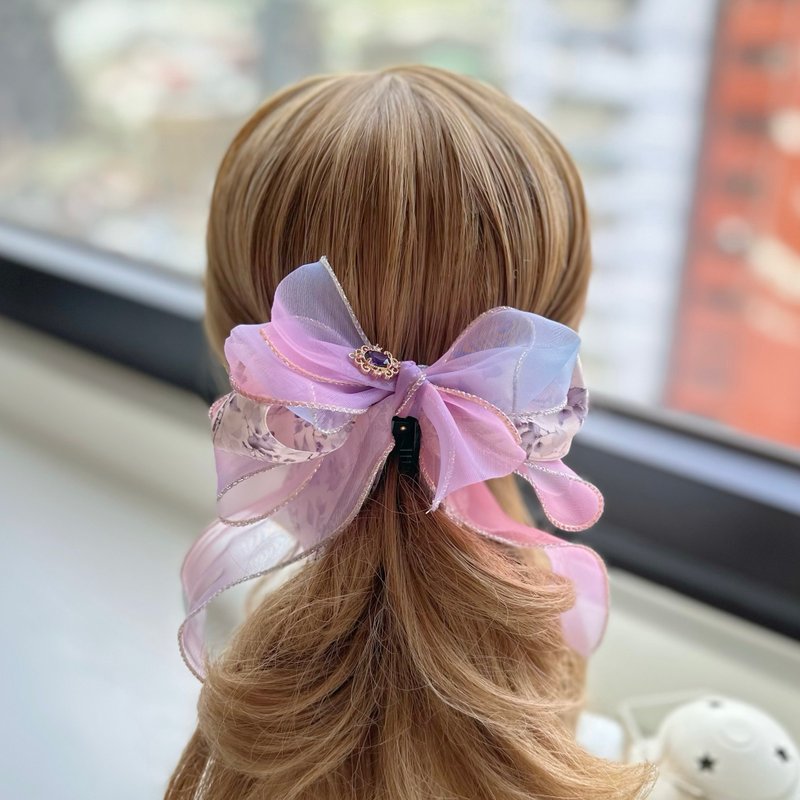 獨家立體紗質蝴蝶結相交夾香蕉夾仙女夾髮夾-粉紫漸層 - 髮夾/鯊魚夾 - 其他材質 紫色