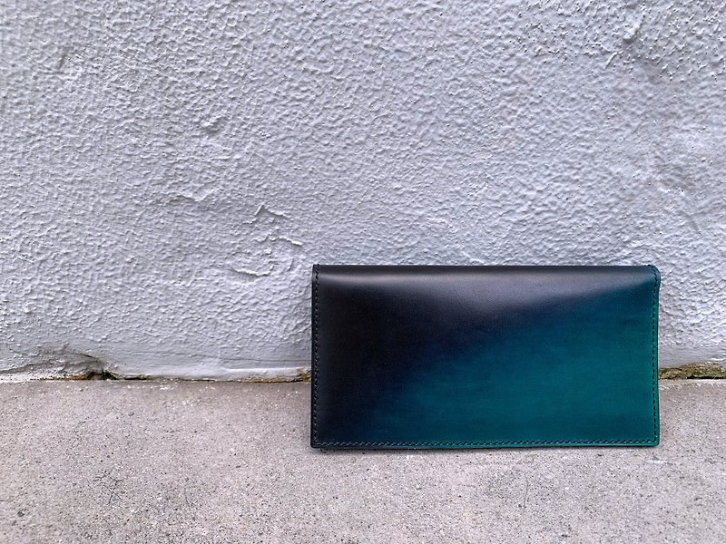 Hand Dyed Leather Long Wallet Long Clip Green Black Gradient Branch - Wallets - Genuine Leather Black