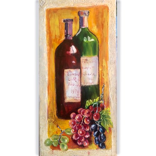 ワインボトルの絵画、手塗りの油絵、フルーツの静物画、イタリア