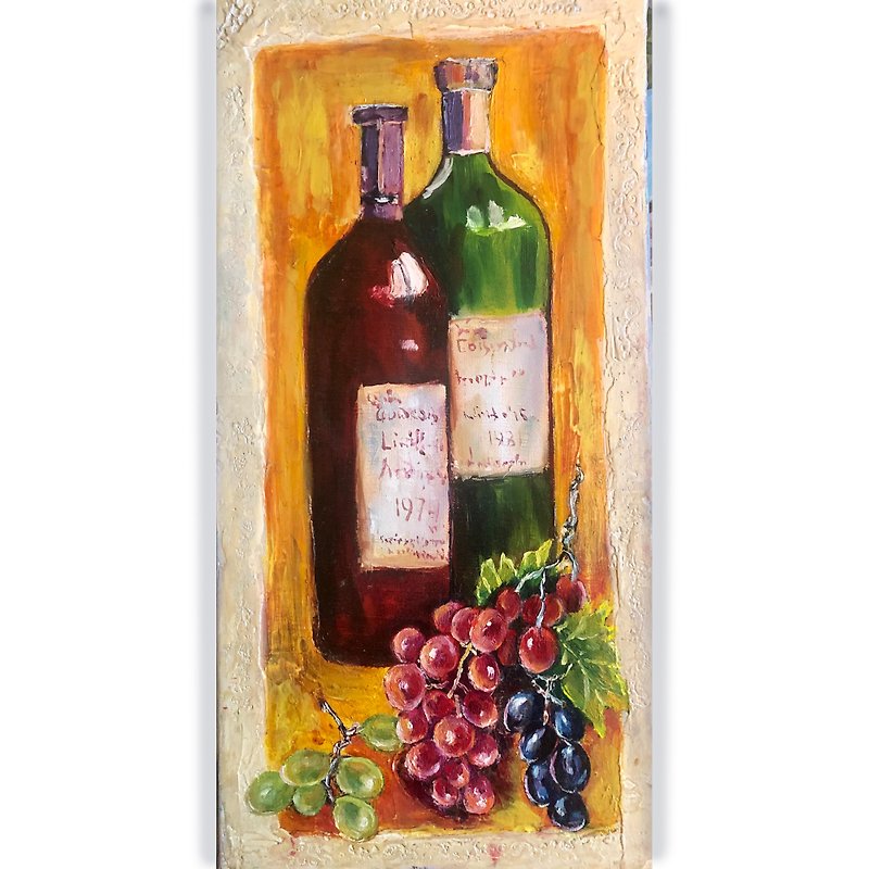 ワインボトルの絵画、手塗りの油絵、フルーツの静物画、イタリアの芸術 - ポスター・絵 - コットン・麻 