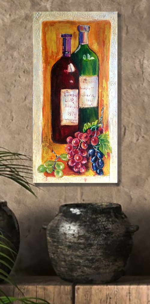 ワインボトルの絵画、手塗りの油絵、フルーツの静物画、イタリアの芸術