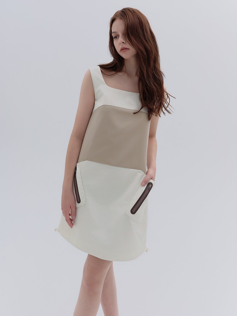 Vanilla white + light taupe color matching sporty nylon dress with drawstring belt, straight mid-length dress - ชุดเดรส - เส้นใยสังเคราะห์ ขาว