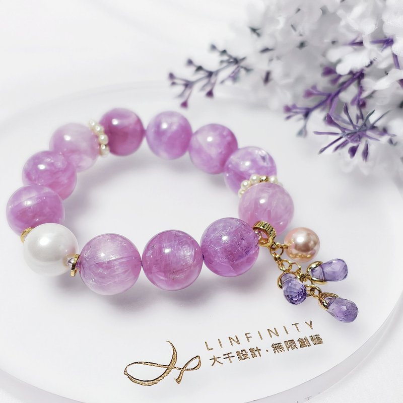 頂級紫鋰輝 貓眼星光 紫水晶 貝珠 智慧 招財 手鍊 單品 禮物 - 手鍊/手環 - 寶石 紫色