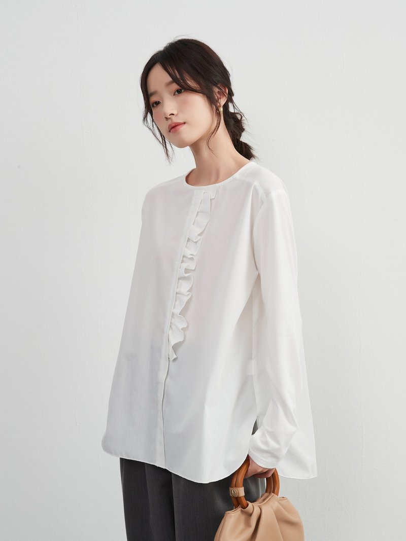 Frill placket docking pullover top, long sleeve blouse, spring/autumn top staple - เสื้อเชิ้ตผู้หญิง - วัสดุอื่นๆ ขาว