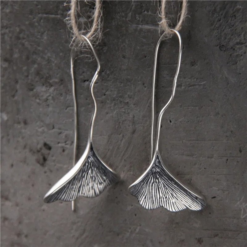 Vivid Ginkgo Leaf Earrings Women Thai Silver Leaves Long Ear Lines Brincos 925 - 耳環/耳夾/耳骨夾 - 純銀 銀色