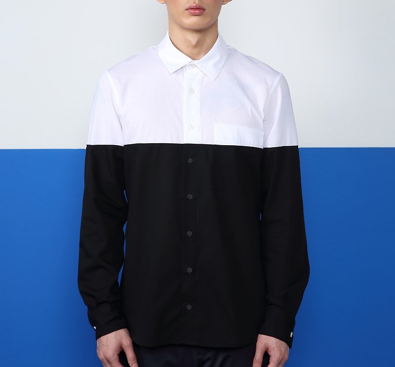[Clear Sale] Cool High Twist Spliced ​​Long Sleeve Shirt – White and Black - Men's Shirts - Cotton & Hemp Black