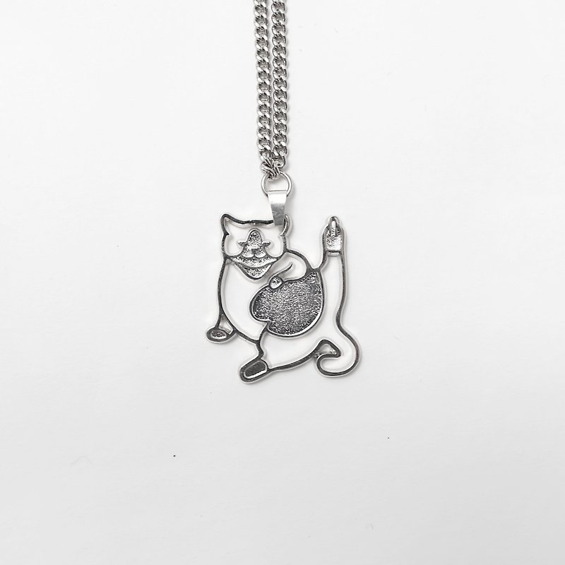 Cat long necklace silver long necklace jewelry middle finger salute - สร้อยคอยาว - โลหะ สีเงิน