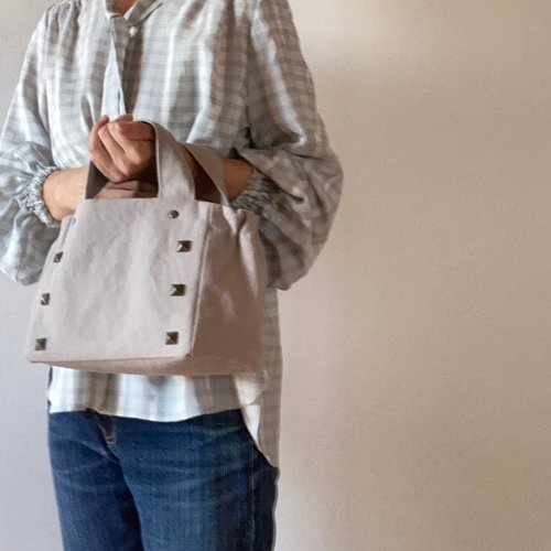 Gathered Tote Bag Studs Mini canvas Light gray - Shop tetehisa