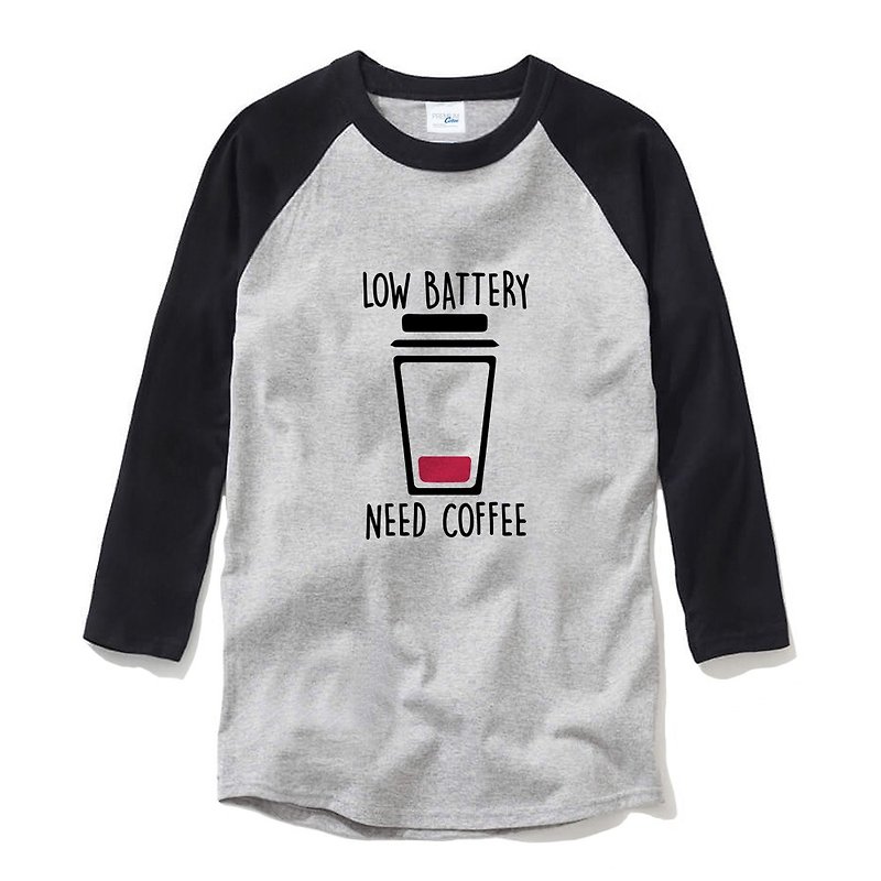 LOW BATTERY NEED COFFEE unisex 3/4 sleeve gray/black t shirt - เสื้อยืดผู้ชาย - ผ้าฝ้าย/ผ้าลินิน สีเทา