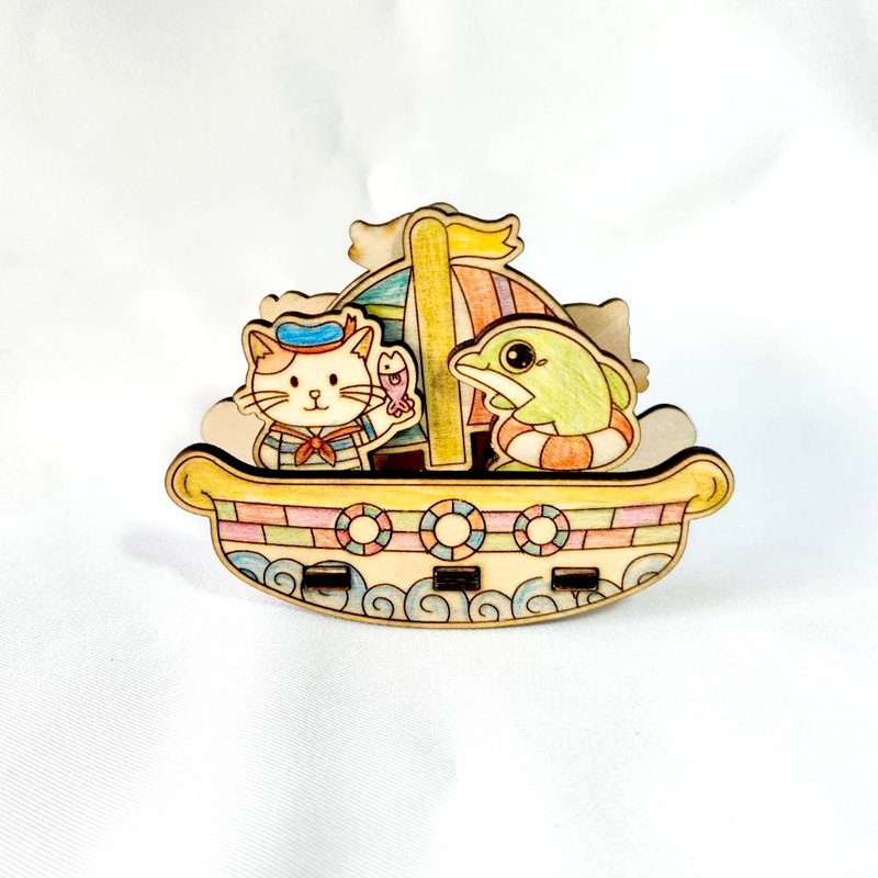 Cat rocking boat DIY handmade gift wood - Wood, Bamboo & Paper - Wood Brown