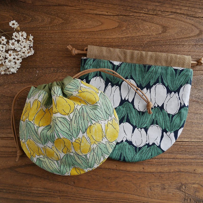 Pure cotton tulip round cotton and Linen stitching drawstring pocket small storage bag two colors - กระเป๋าเครื่องสำอาง - ผ้าฝ้าย/ผ้าลินิน สีเหลือง