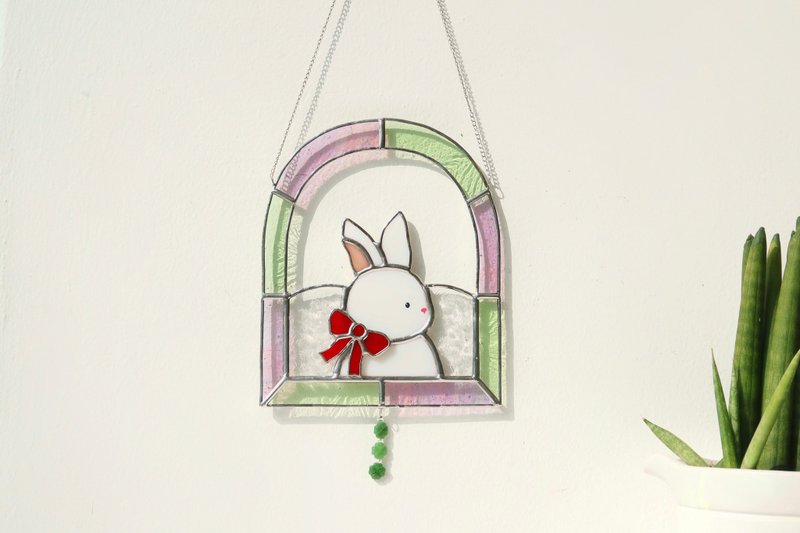 Mr. Bunny with a Ribbon – Arch Frame Suncatcher - 壁貼/牆壁裝飾 - 玻璃 