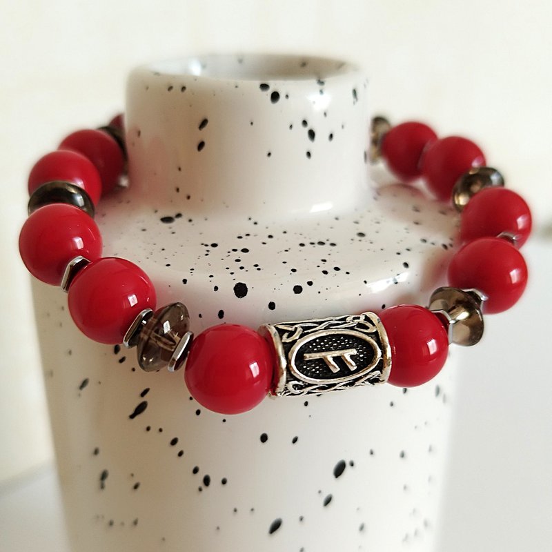 Jewelry bracelet with hematite coral and smoky quartz Amulet with the Fehu rune - 手鍊/手環 - 半寶石 多色