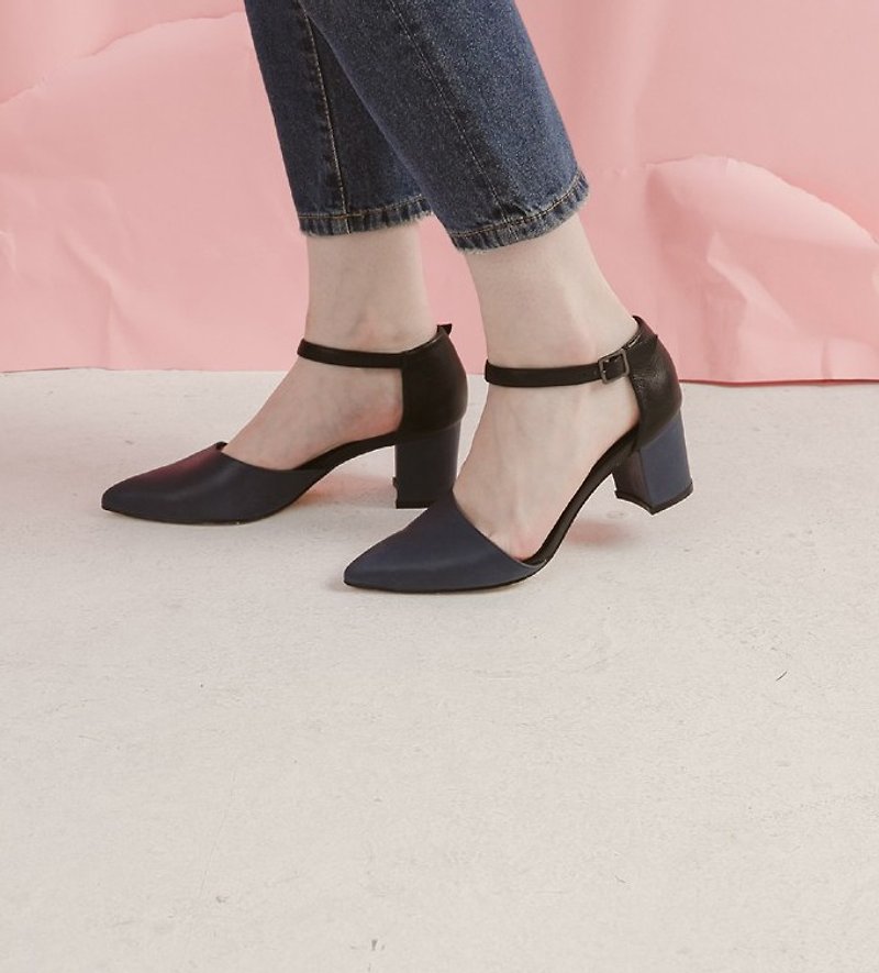 Beveled heel shoes blue black - High Heels - Genuine Leather Blue