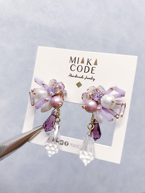 MIAKA CODE 。Handmade & Fashion 【紫色細版】多種戴法 手工串珠 施華洛水晶 超閃 耳環耳夾