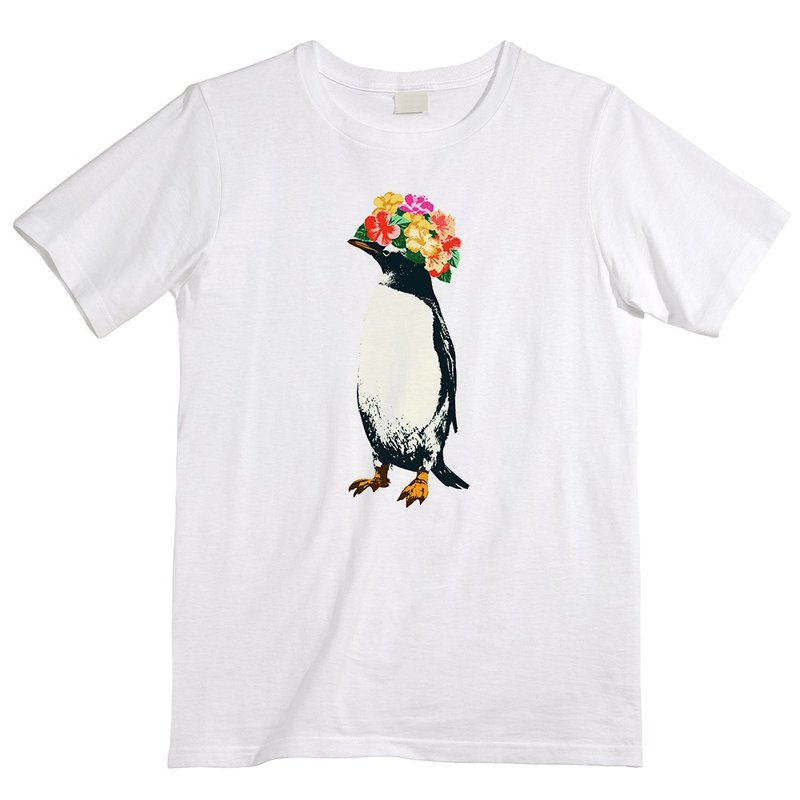 Tシャツ / flower penguin - 男 T 恤 - 棉．麻 白色