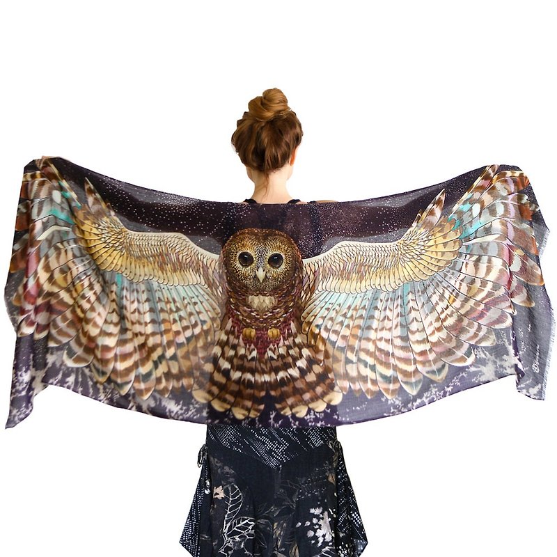 Night Owl Scarf - cotton - ผ้าพันคอ - ผ้าฝ้าย/ผ้าลินิน สีนำ้ตาล