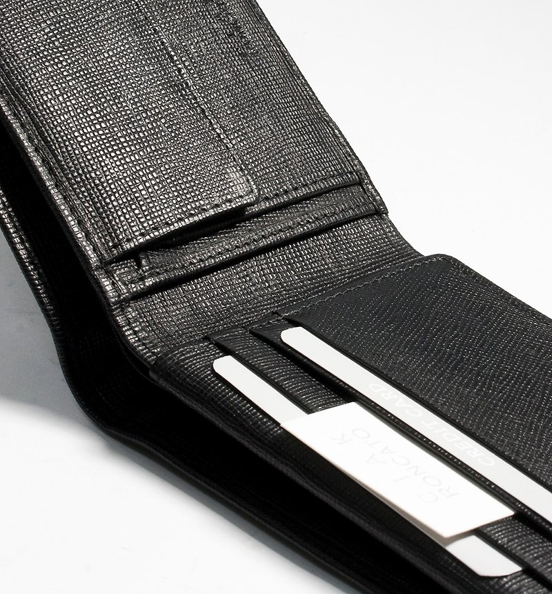 ITA BOTTEGA OPERAシンプルなブラックレザークロスパターン2つ折り掀ショートクリップ - 財布 - 革 ブラック
