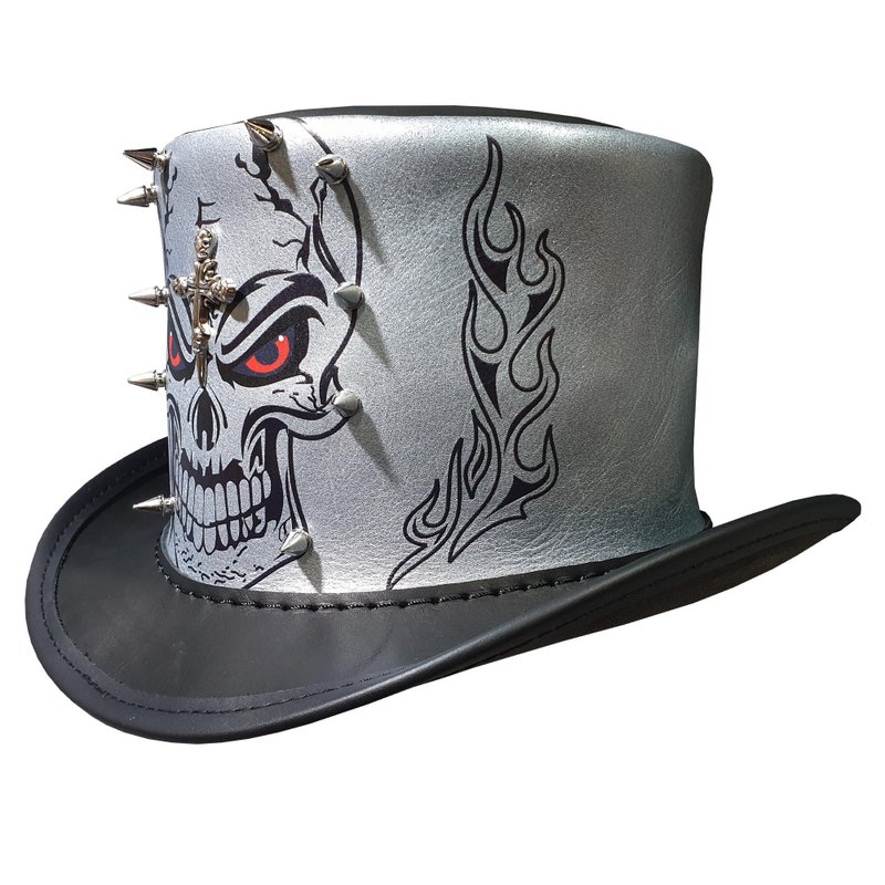 Gothic Red Eye Skull Mens Black Leather Top Hat - หมวก - หนังแท้ สีดำ