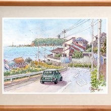 水彩画 江ノ電・鎌倉高校前駅ホームからの眺め - ショップ 松下