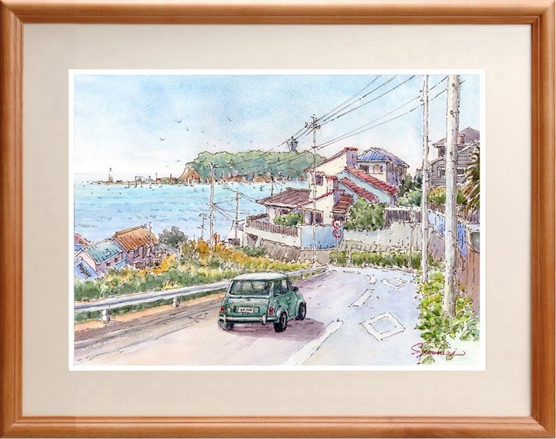 水彩画原画　江の島と七里ガ浜高台 - 海報/掛畫/掛布 - 紙 藍色