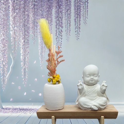 創藝 禪香光影 手作館 文青簡約風 淨念吉祥之一笑小佛 原木底座系列 搭配永生花擴香瓶
