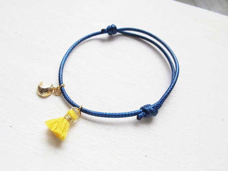 Rosy Garden  Tassel with tiny charm dark blue wax rope hand Strap - Bracelets - Other Materials Blue
