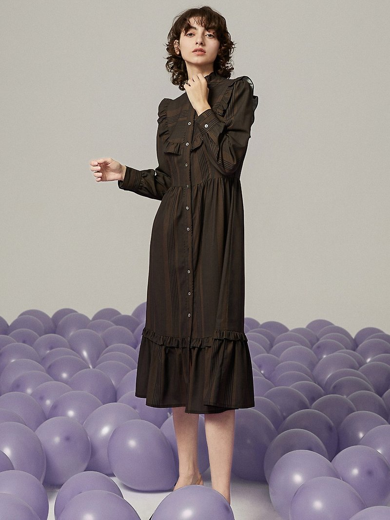 埃西拉條紋百褶衣領連身裙 - 洋裝/連身裙 - 聚酯纖維 咖啡色