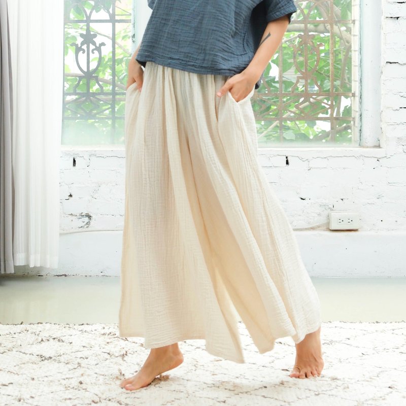 Loose wide trousers/double-layer gauze off-white - กางเกงขายาว - ผ้าฝ้าย/ผ้าลินิน ขาว