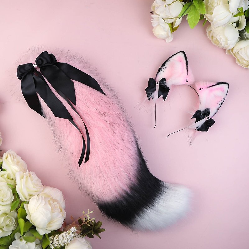 Pastel Pink Fox Ears and Tail Set Faux Fur Ears and Tail Set - เครื่องประดับผม - ไฟเบอร์อื่นๆ สึชมพู