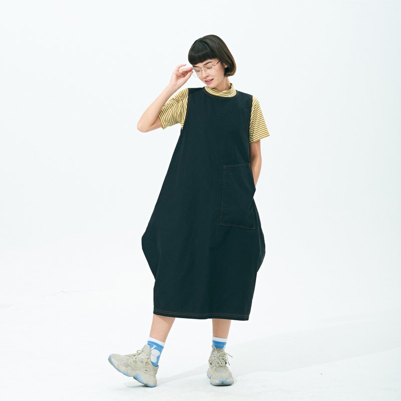 BLACK SOFT VEST DRESS + GREEN YELLOW STRIPE RELAXED COTTON T-SHIRT - ชุดเดรส - ผ้าฝ้าย/ผ้าลินิน หลากหลายสี