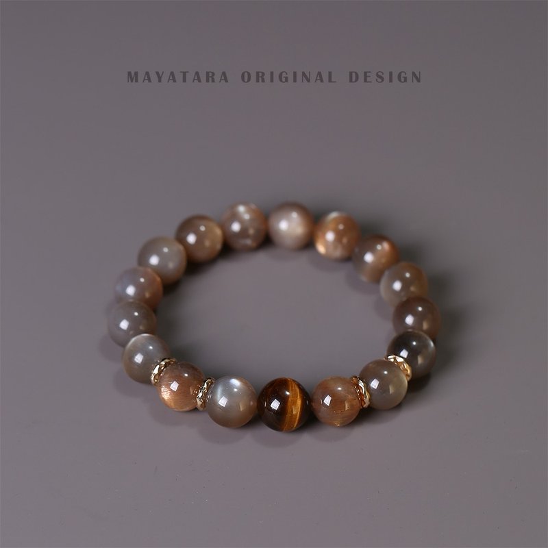 原創設計黑金骨幹奶茶月光石手串喜用木 - 手鍊/手環 - 水晶 橘色