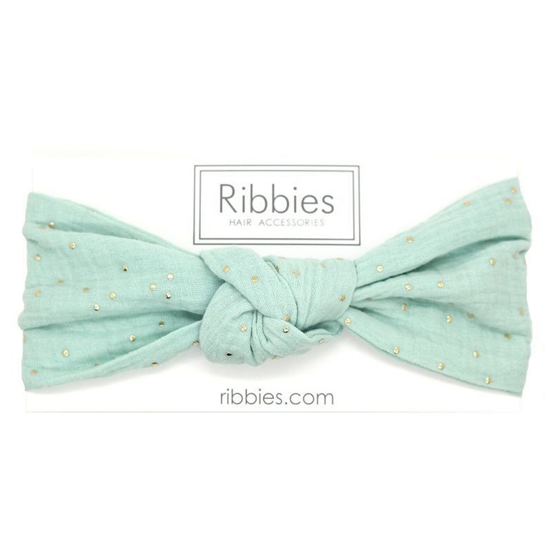 British Ribbies Adult Wide Twisted Headband-Mint Green Gold Dot - Hair Accessories - Polyester 