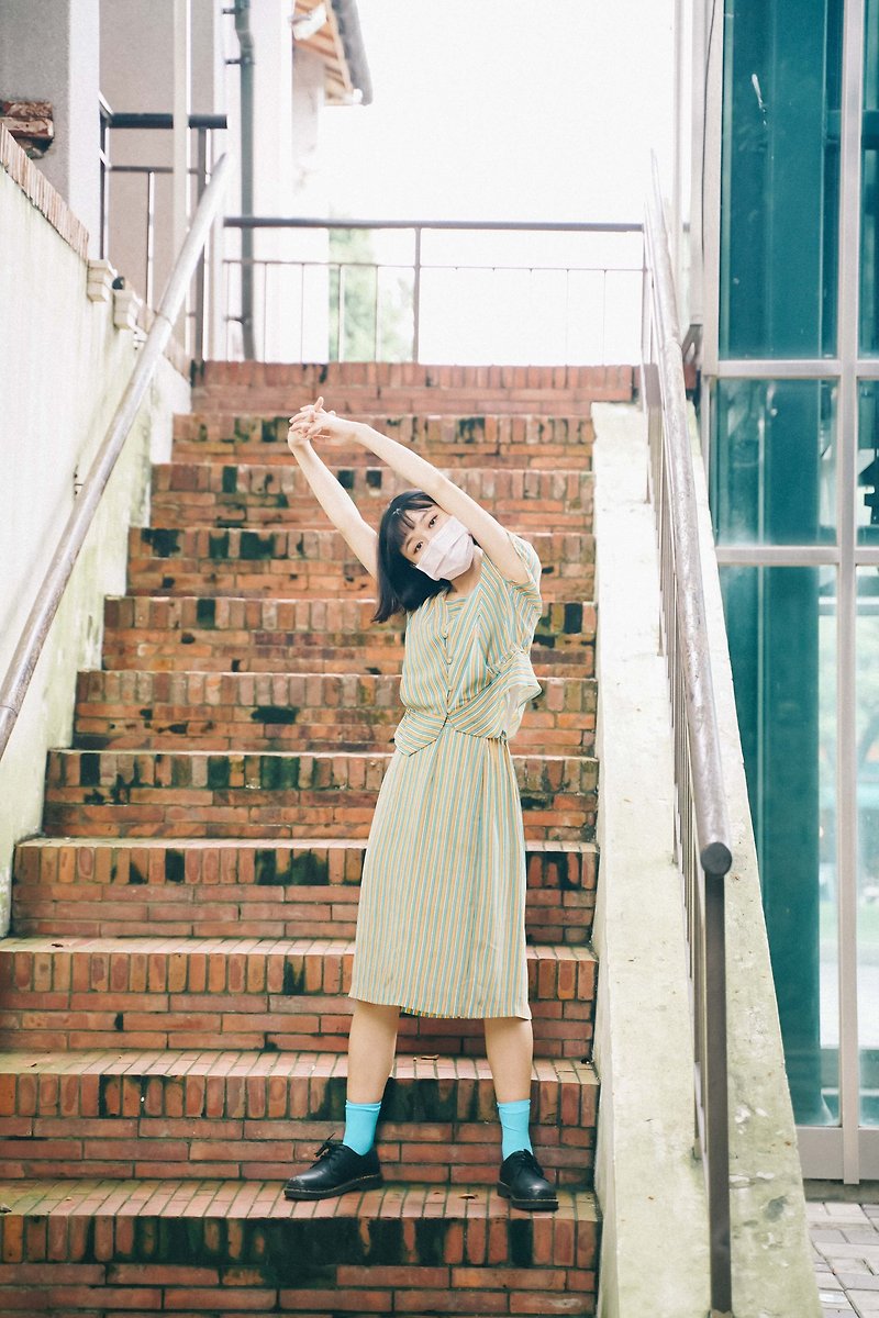 Vintage 古著 套裝 條紋摩登套裝 古洋 | 純情百貨行 - 洋裝/連身裙 - 聚酯纖維 綠色