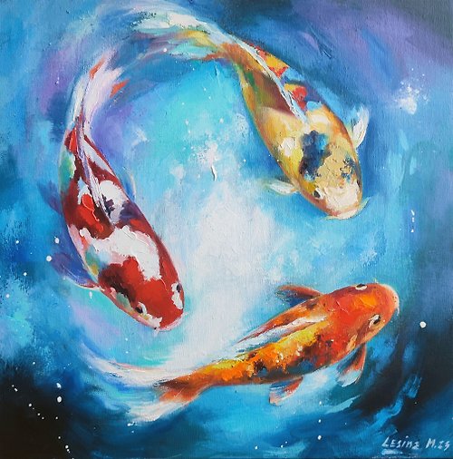 MARIARTpro Koi Fish Painting Carp Oil Art Feng Shui Painting Japanese A