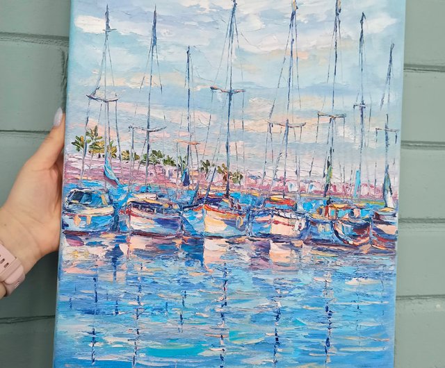 ヨットの絵画オリジナル アート カリフォルニア インパスト シー