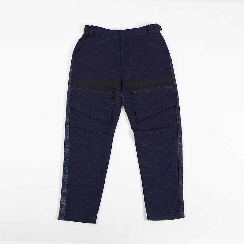 Different material splicing pants-blue and black - กางเกงขายาว - ผ้าฝ้าย/ผ้าลินิน สีน้ำเงิน
