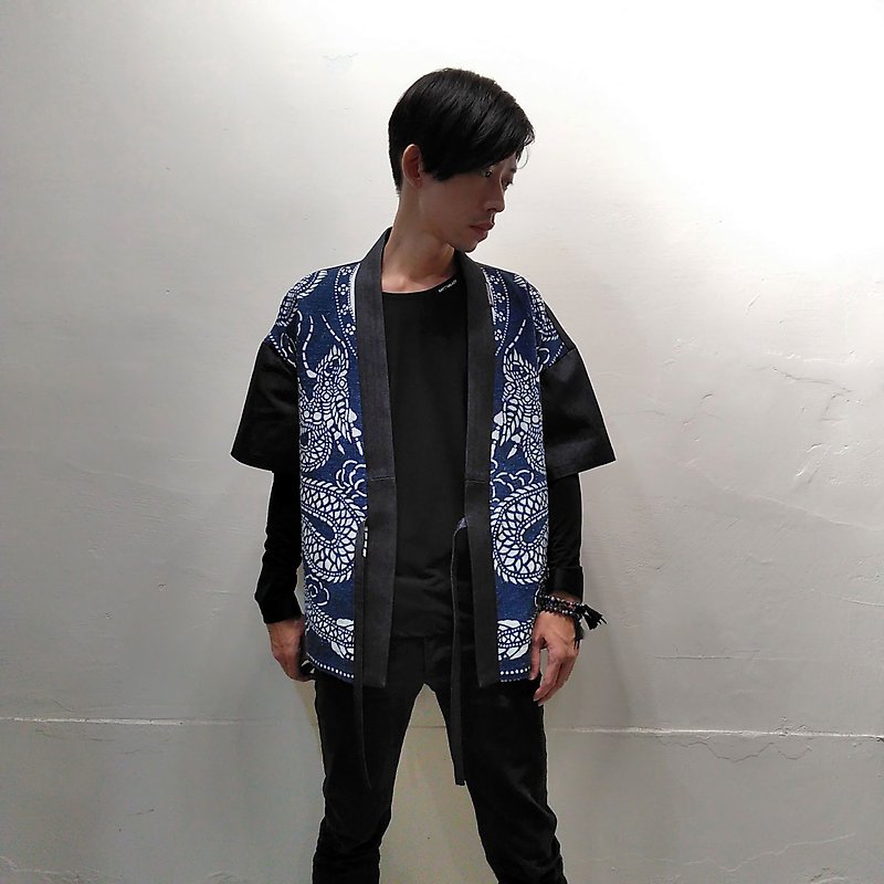 Former Ssangyong Print Handmade Blue Dyeing Tannins Neutral Kimono Jacket Taiwan Free Shipping R7G - Men's Coats & Jackets - Cotton & Hemp Blue