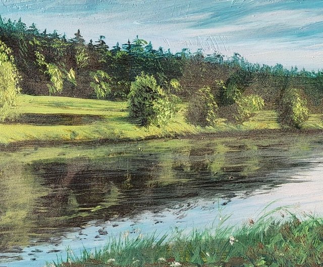 川岸の絵画 オリジナル風景画 16x20インチ 印象派油絵