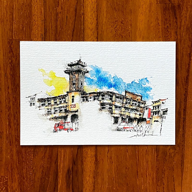 Dead Branch Pen Sketch Tainan Scenic Spots Fire History Museum Watercolor Illustration Hand-painted Postcard - Cards & Postcards - Paper 