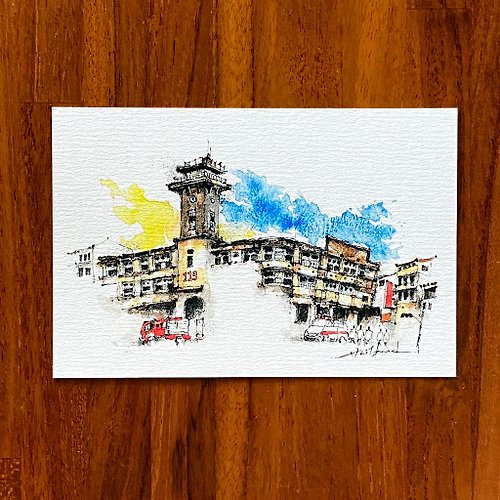 武士龐德 枯枝筆速寫 台南景點 消防史料館 水彩 插畫 手繪明信片