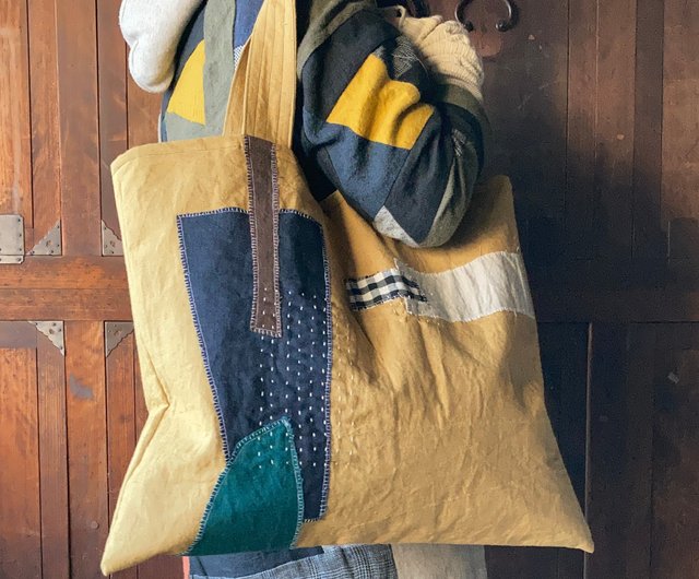 linen collage big/totebag/畑 - ショップ spicaの庭 ショルダーバッグ