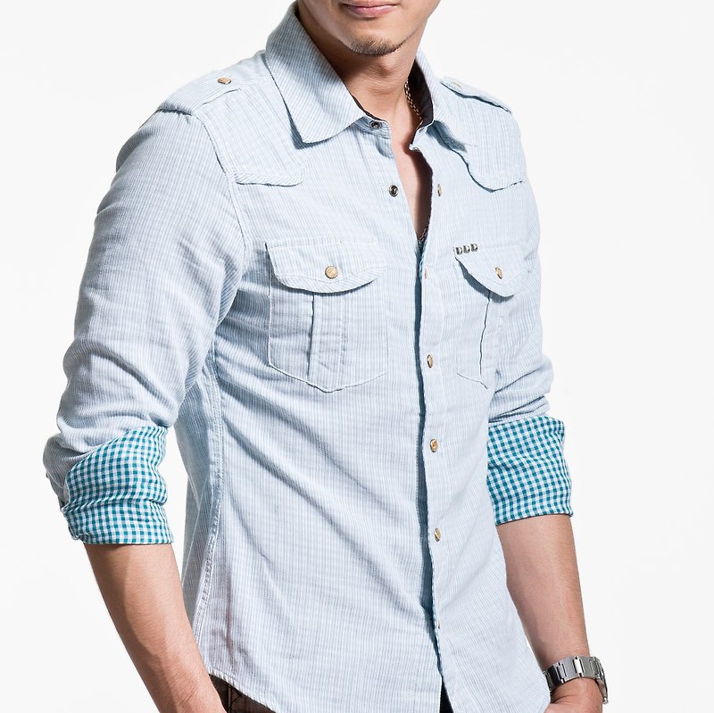 Combed cotton double-layer fabric pyramid stud long-sleeved shirt - Men's Shirts - Cotton & Hemp 