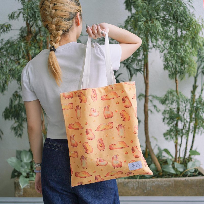 【Capybara Baby Loves Fruits】 Cute Capy Watercolour Illustration Tote Bag - Handbags & Totes - Cotton & Hemp Orange