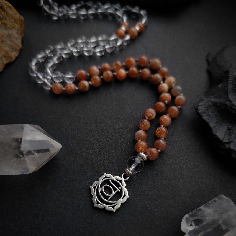 Mala SVADHISTANA - 108 beads Sunstone and Quartz Japa Mala Sacral Chakra - สร้อยคอยาว - เครื่องประดับพลอย สีส้ม