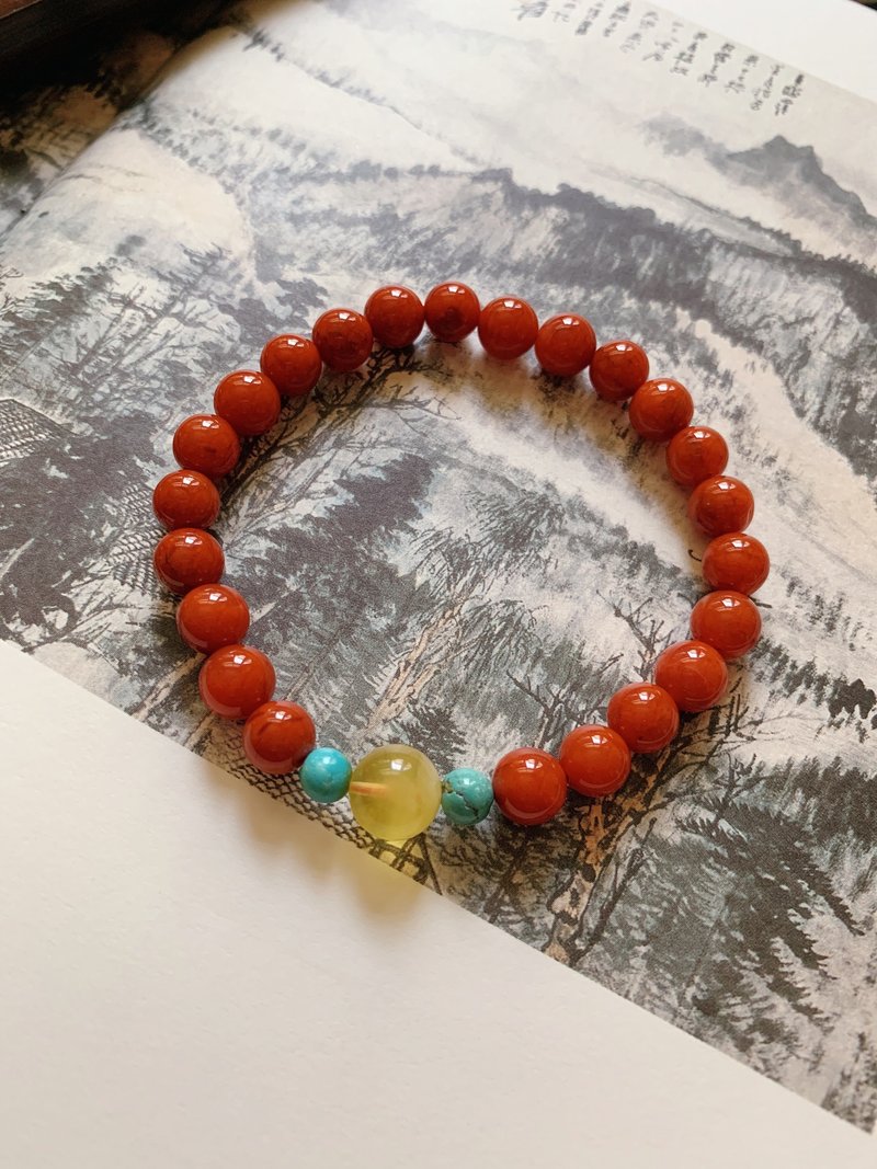 推窗見歡。天然川料南紅瑪瑙朱紅手鏈 金絞蜜 綠松石 復古風手串 - 手鍊/手環 - 玉石 紅色