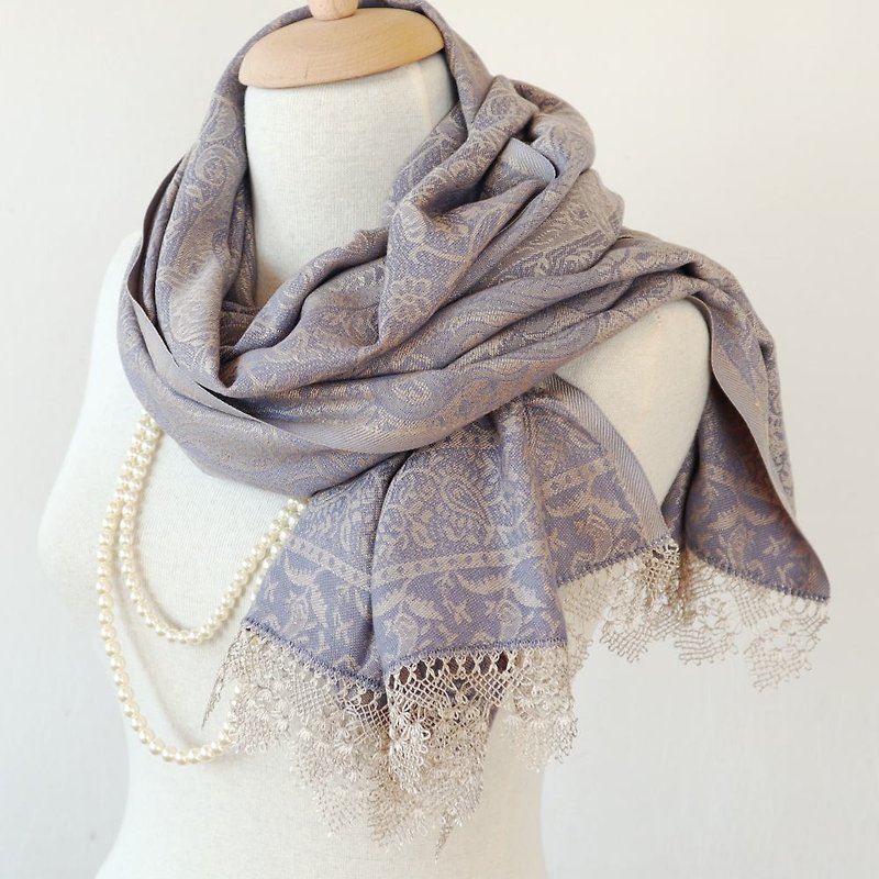 PREMIUM OYA lace Thick cotton shawl【ATES】Lake blue & Gold - ผ้าพันคอ - ไฟเบอร์อื่นๆ สีน้ำเงิน